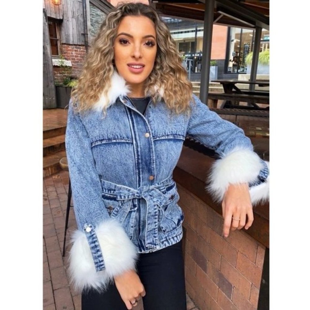 Long Sleeve Shearling Lined Faux Fur Collar and Cuff Denim Jeans Jacket - Picture 7 of 12